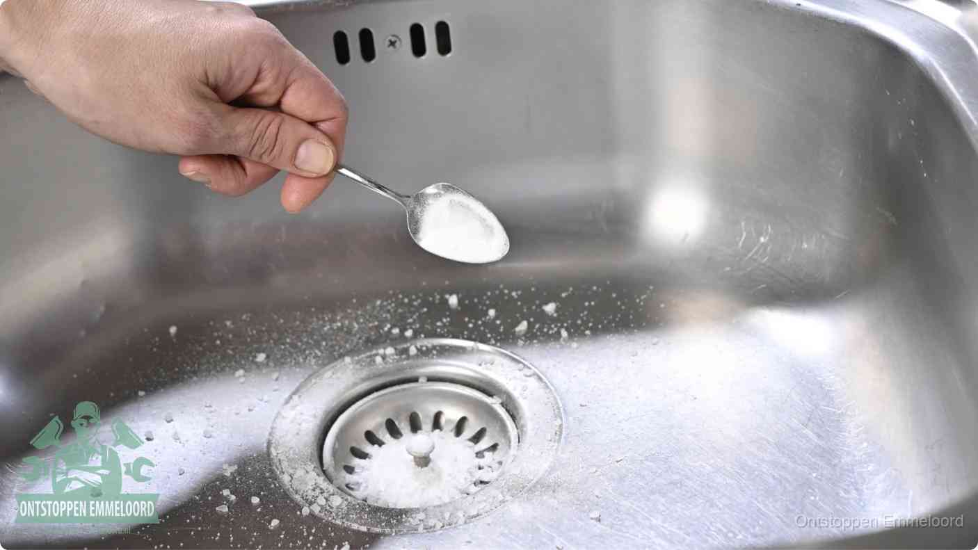 Een hand strooit soda in de afvoer van een roestvrijstalen spoelbak, zelf je gootsteen ontstoppen met soda en azijn in Emmeloord